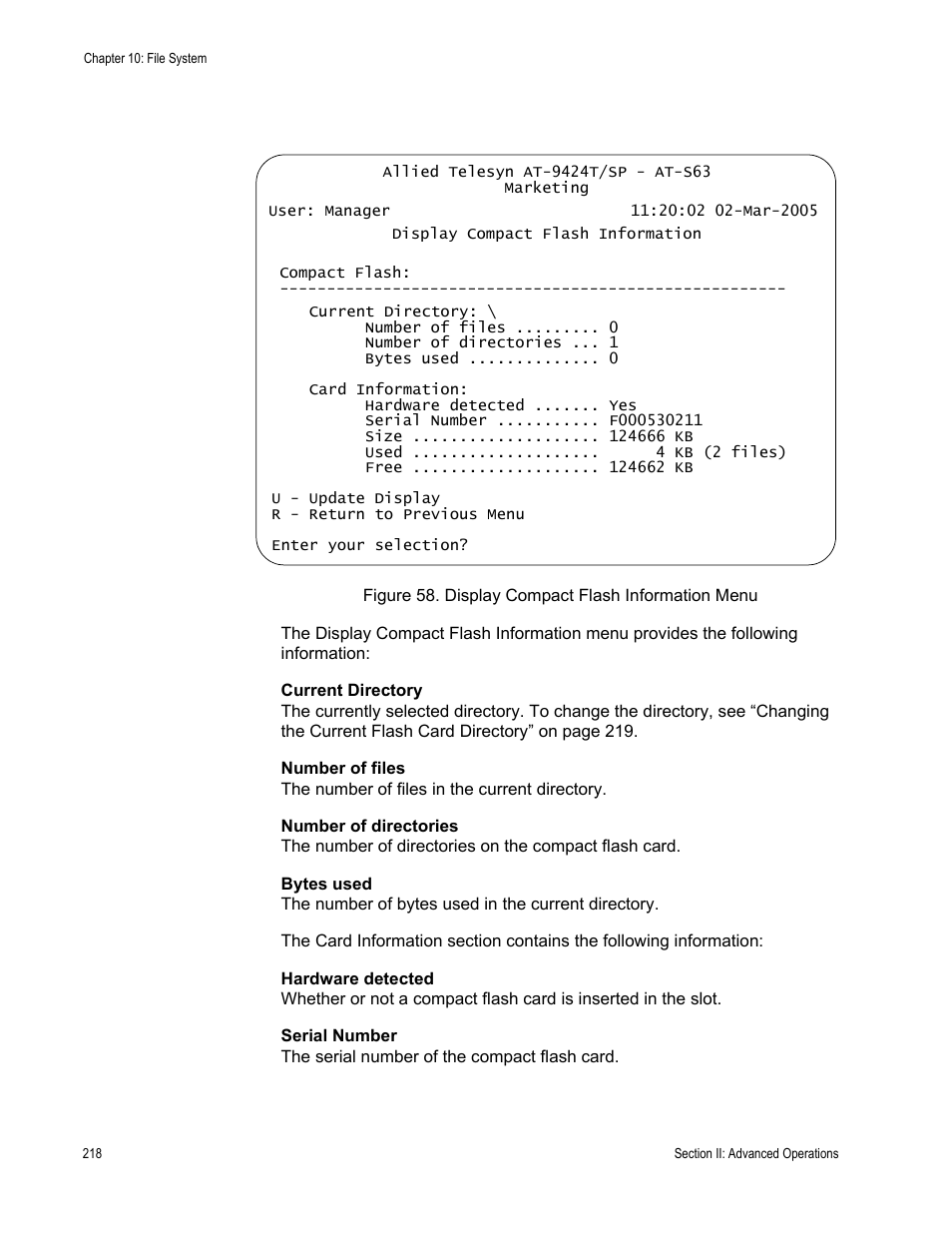 Figure 58: display compact flash information menu | Allied Telesis AT-S63 User Manual | Page 218 / 944
