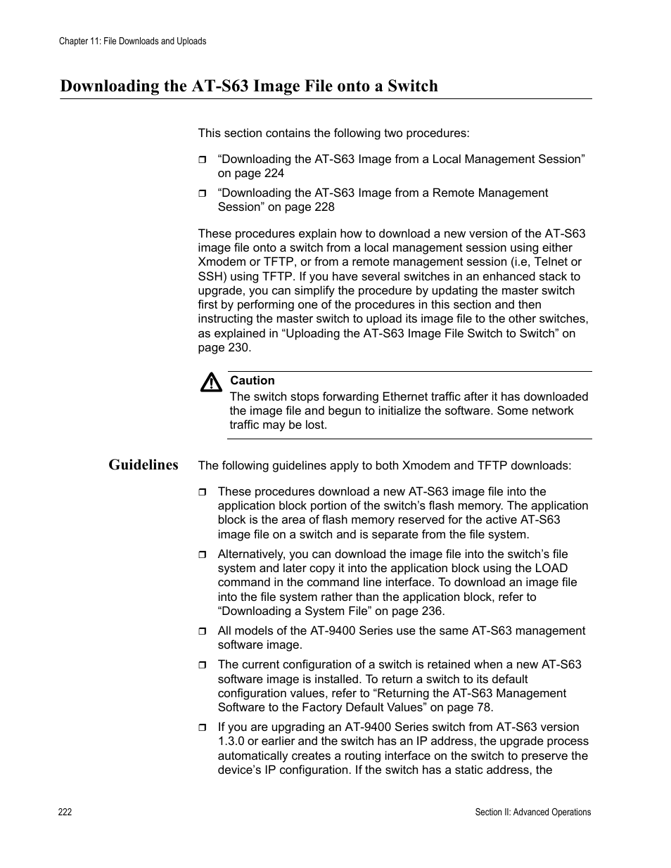 Downloading the at-s63 image file onto a switch, Guidelines | Allied Telesis AT-S63 User Manual | Page 222 / 944