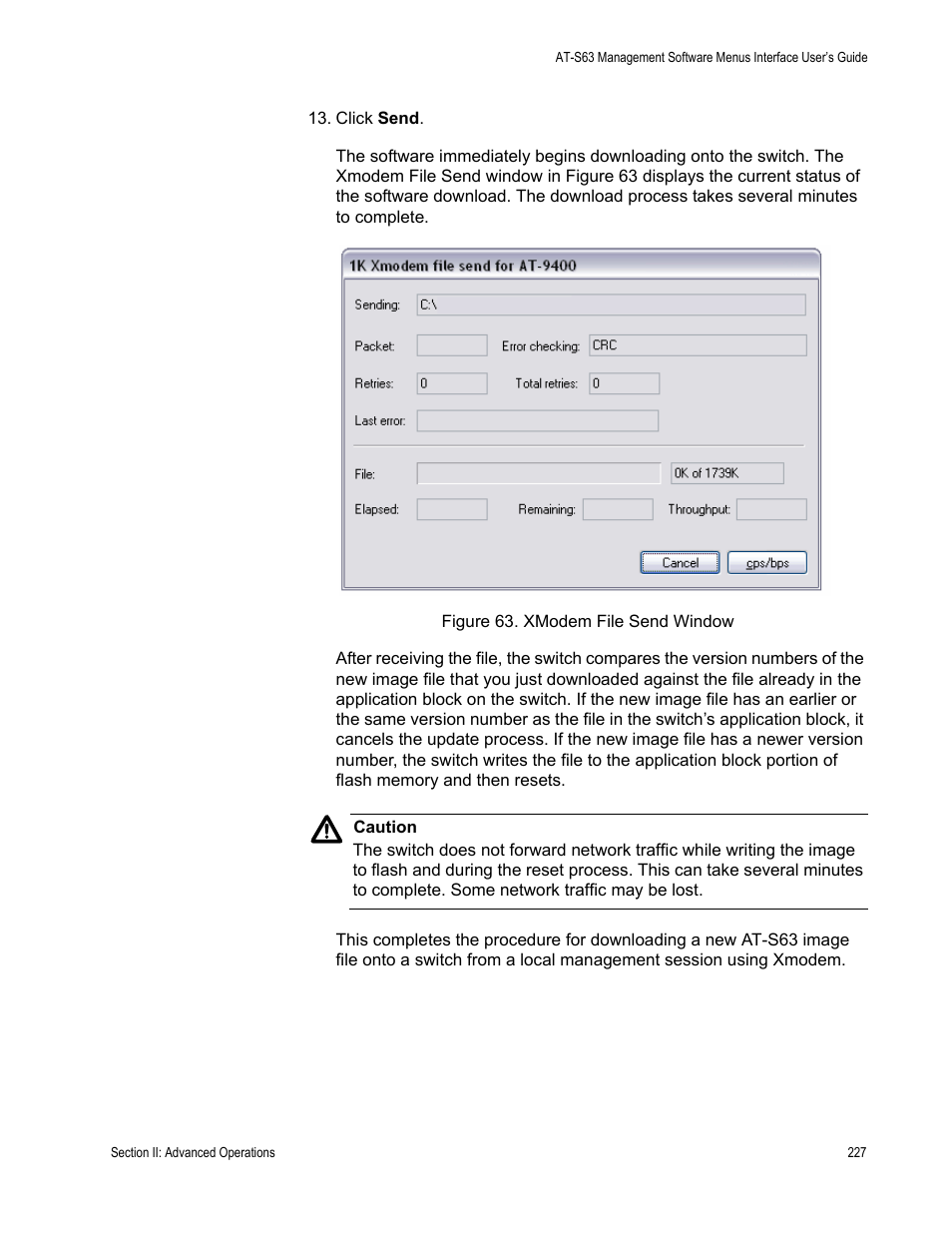 Figure 63: xmodem file send window | Allied Telesis AT-S63 User Manual | Page 227 / 944