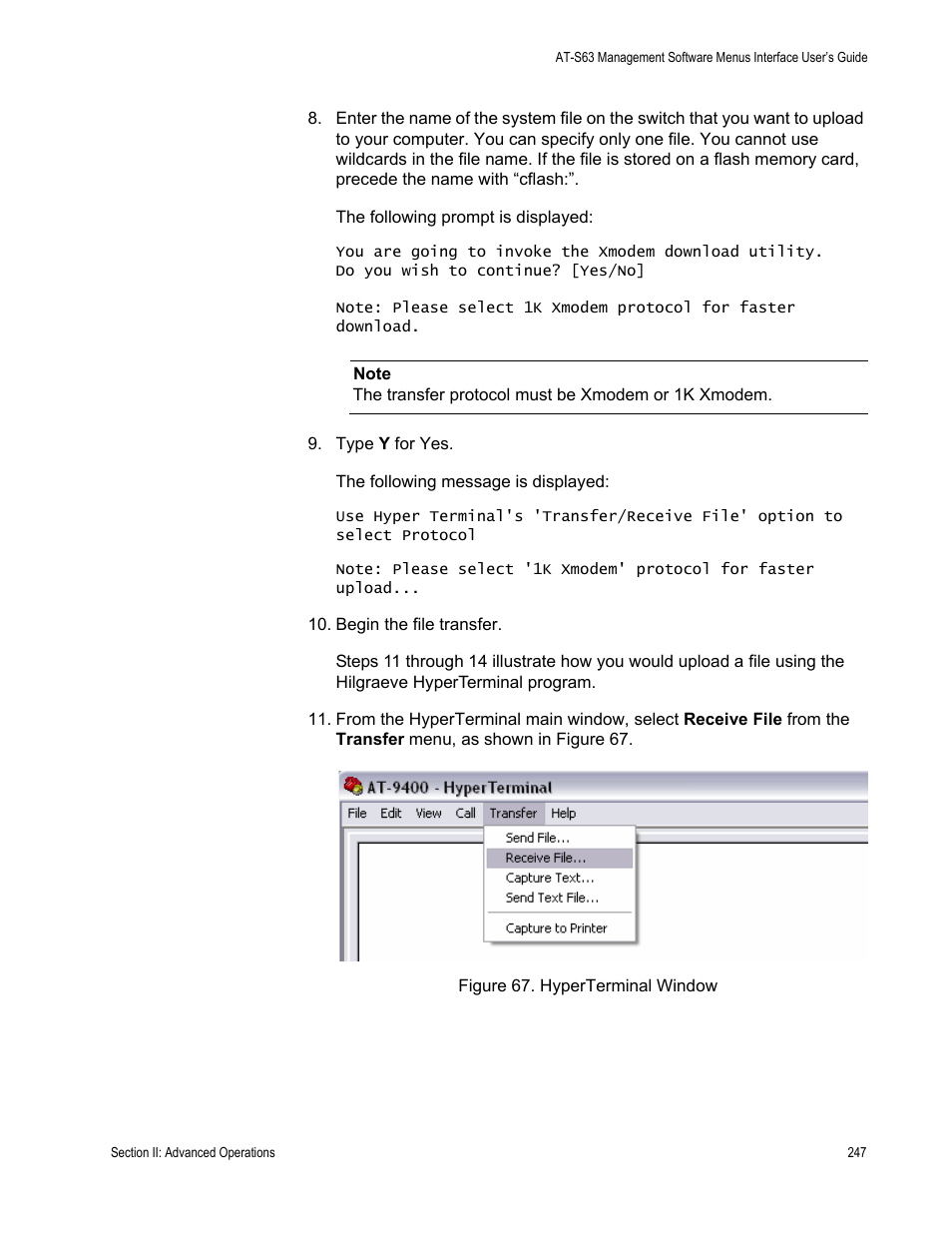 Figure 67: hyperterminal window | Allied Telesis AT-S63 User Manual | Page 247 / 944