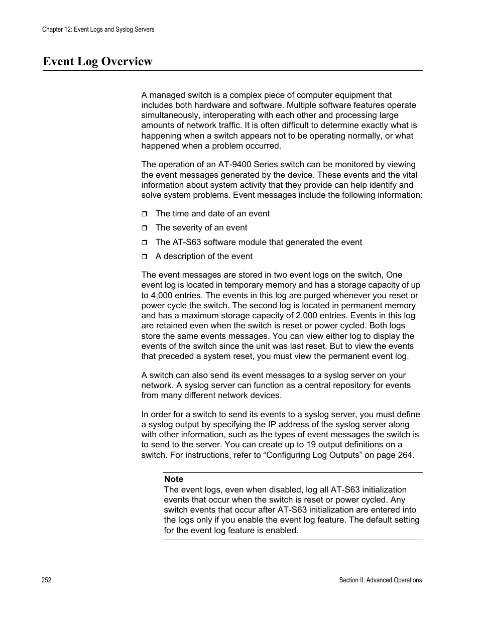 Event log overview | Allied Telesis AT-S63 User Manual | Page 252 / 944