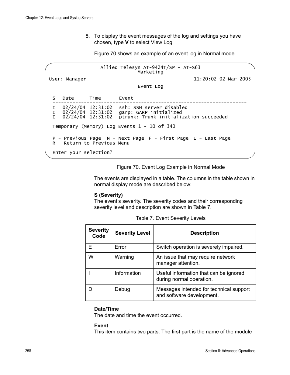 Figure 70: event log example in normal mode, Table 7: event severity levels | Allied Telesis AT-S63 User Manual | Page 258 / 944