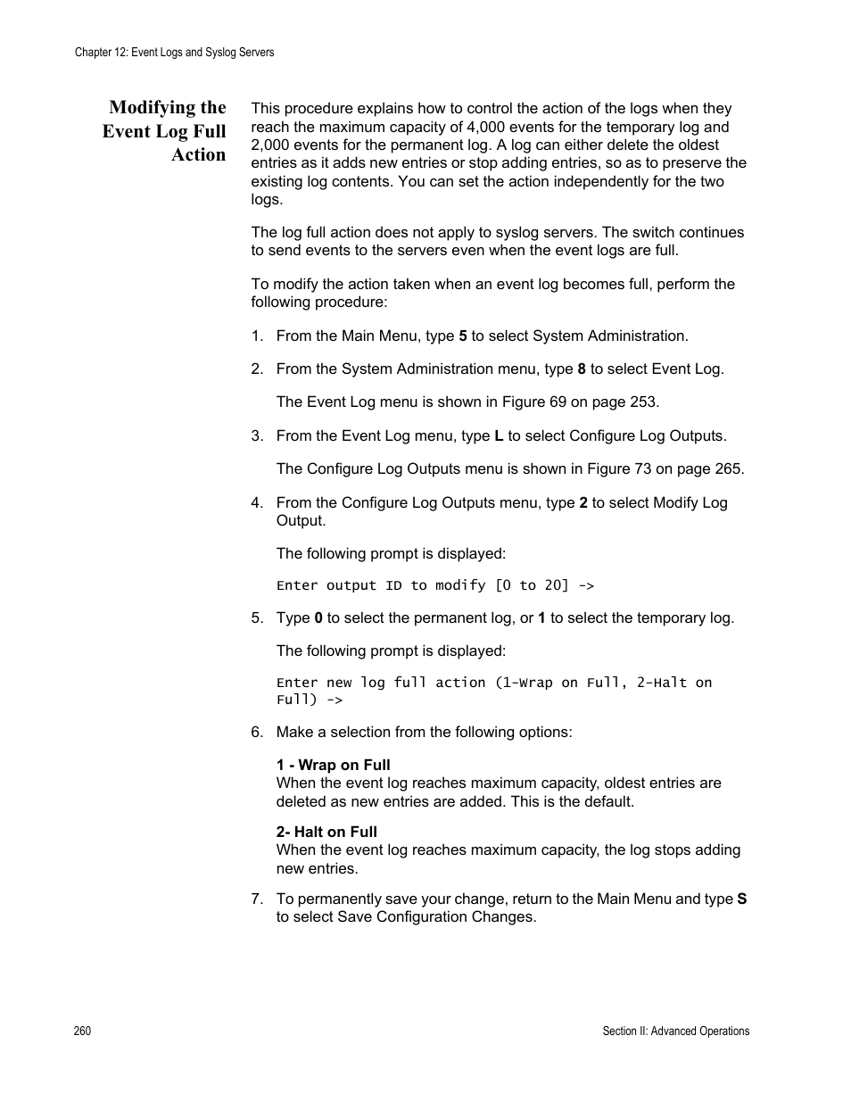 Modifying the event log full action | Allied Telesis AT-S63 User Manual | Page 260 / 944