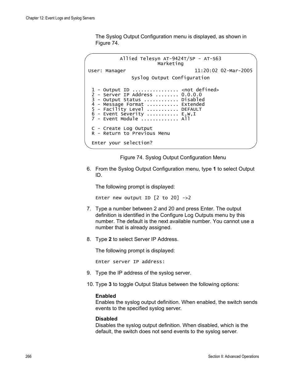 Figure 74: syslog output configuration menu | Allied Telesis AT-S63 User Manual | Page 266 / 944