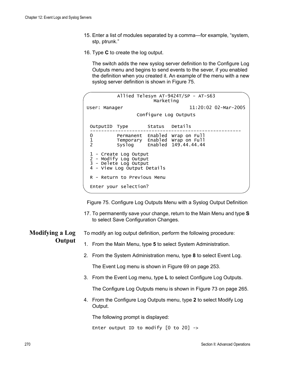 Modifying a log output | Allied Telesis AT-S63 User Manual | Page 270 / 944