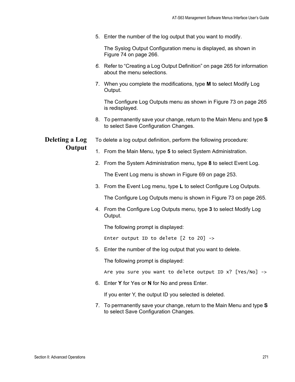 Deleting a log output | Allied Telesis AT-S63 User Manual | Page 271 / 944