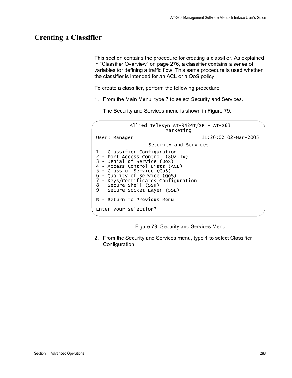 Creating a classifier, Figure 79: security and services menu | Allied Telesis AT-S63 User Manual | Page 283 / 944