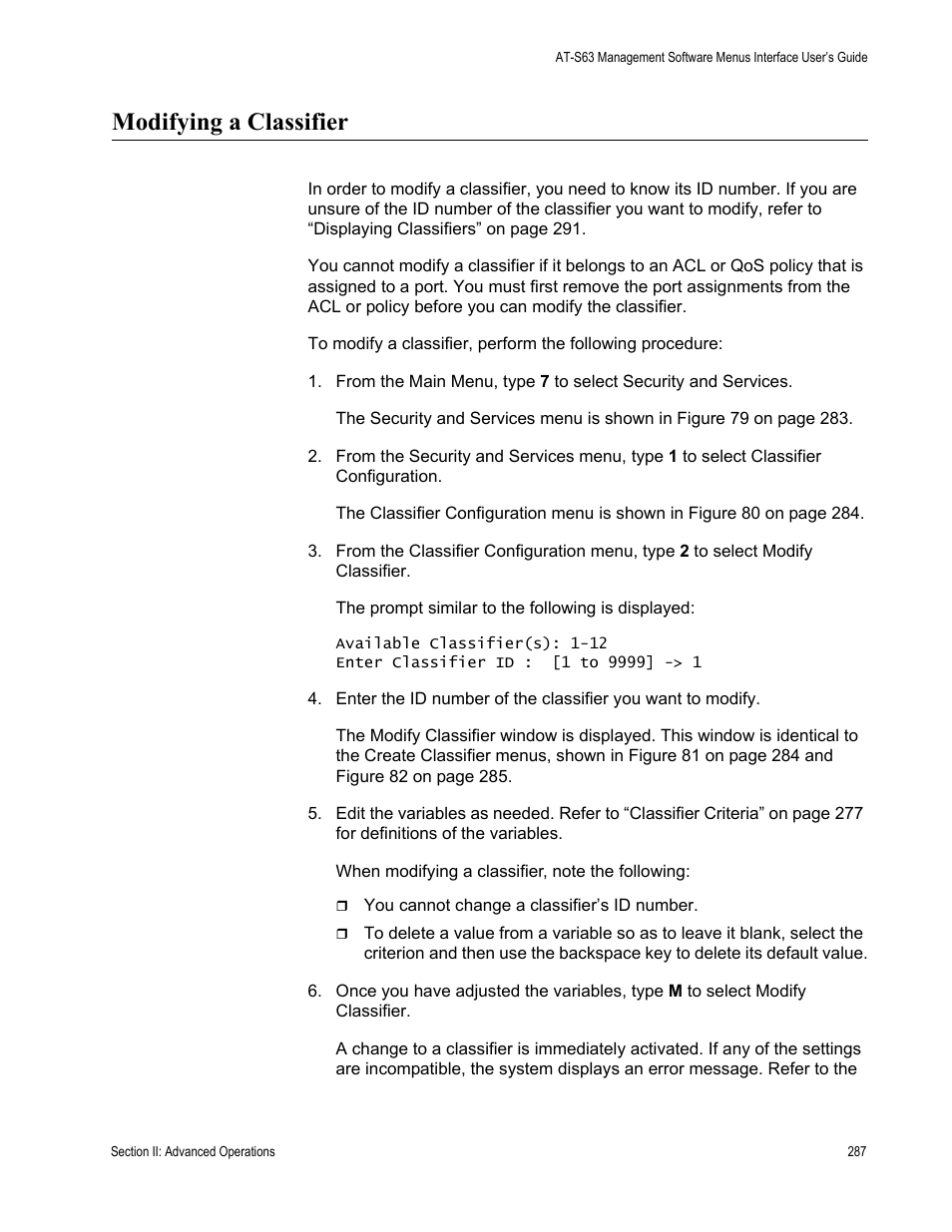 Modifying a classifier | Allied Telesis AT-S63 User Manual | Page 287 / 944