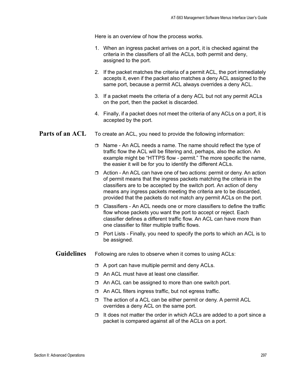 Parts of an acl, Guidelines, Parts of an acl guidelines | Allied Telesis AT-S63 User Manual | Page 297 / 944