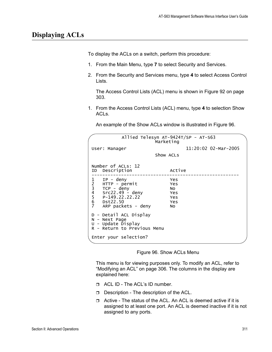 Displaying acls, Figure 96: show acls menu | Allied Telesis AT-S63 User Manual | Page 311 / 944