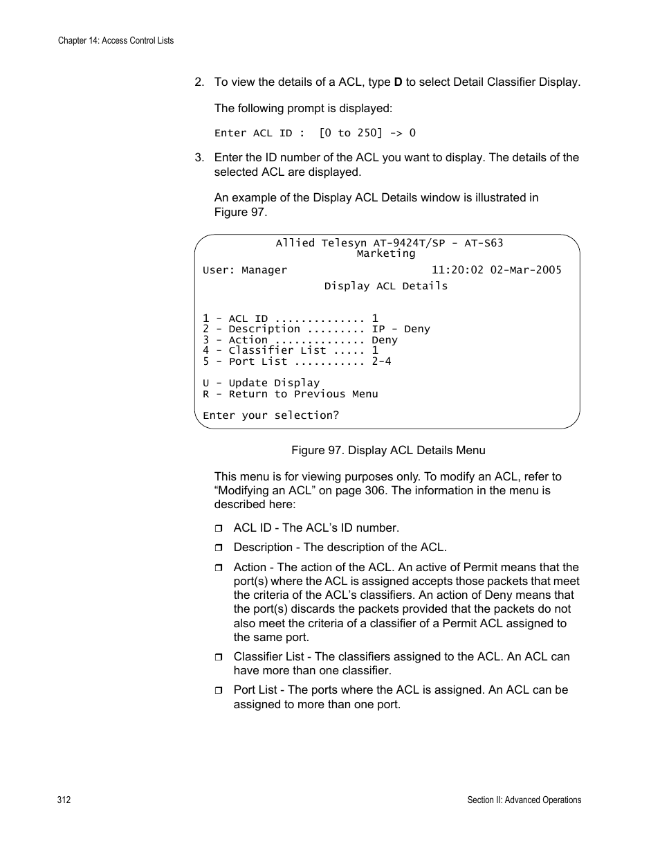 Figure 97: display acl details menu | Allied Telesis AT-S63 User Manual | Page 312 / 944