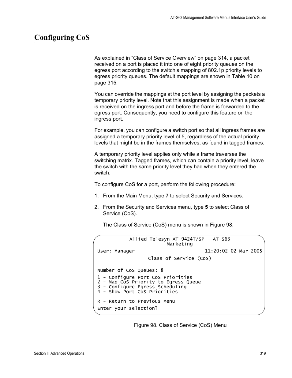 Configuring cos, Figure 98: class of service (cos) menu | Allied Telesis AT-S63 User Manual | Page 319 / 944