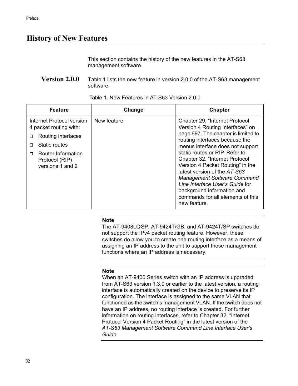 History of new features, Version 2.0.0, Table 1: new features in at-s63 version 2.0.0 | Allied Telesis AT-S63 User Manual | Page 32 / 944