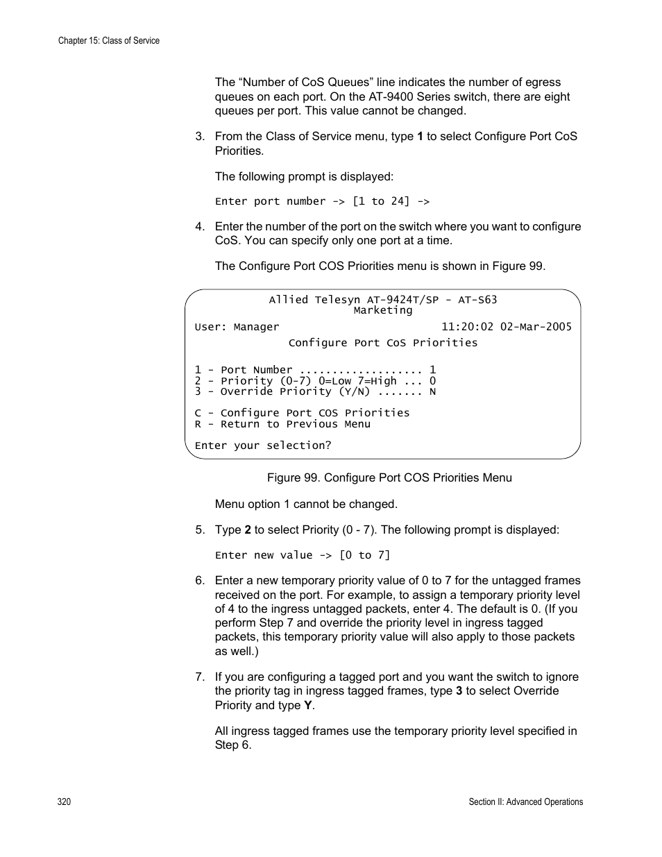 Figure 99: configure port cos priorities menu | Allied Telesis AT-S63 User Manual | Page 320 / 944