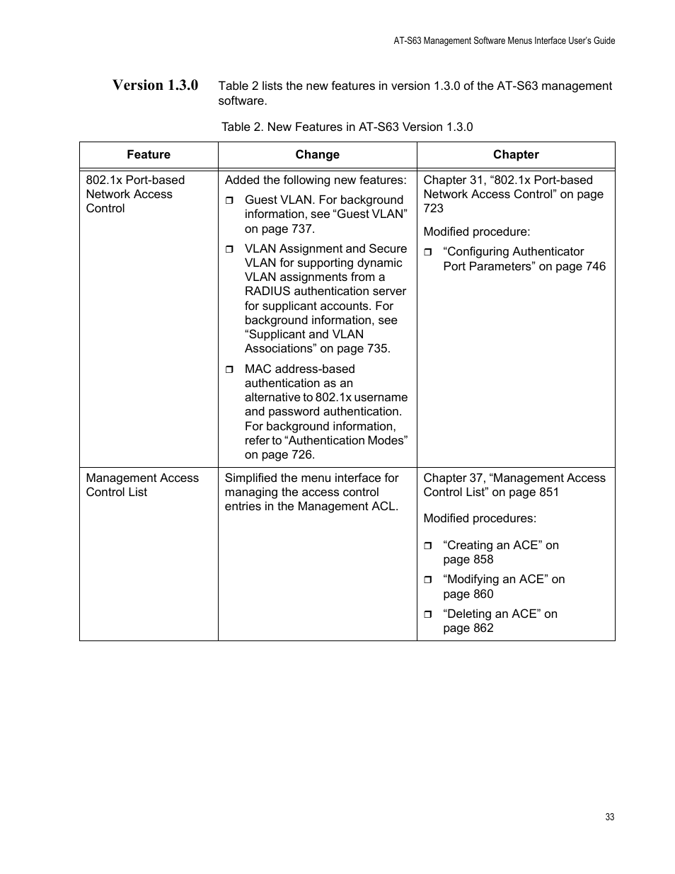 Version 1.3.0, Table 2: new features in at-s63 version 1.3.0 | Allied Telesis AT-S63 User Manual | Page 33 / 944