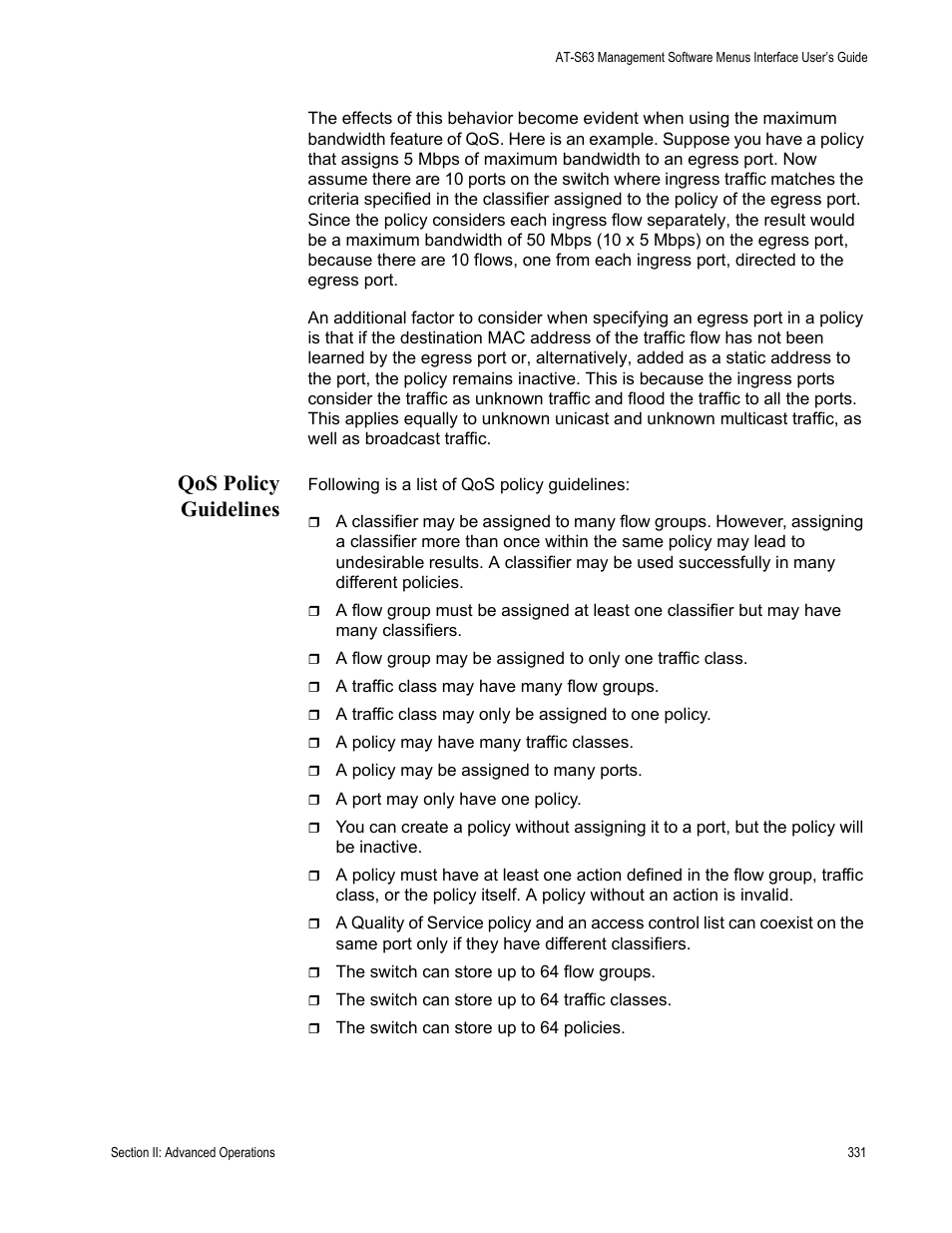 Qos policy guidelines | Allied Telesis AT-S63 User Manual | Page 331 / 944