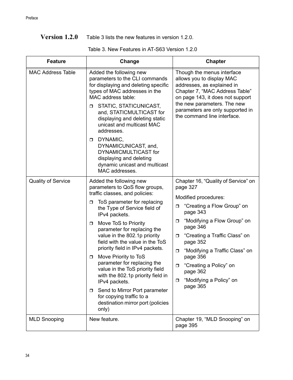 Version 1.2.0, Table 3: new features in at-s63 version 1.2.0 | Allied Telesis AT-S63 User Manual | Page 34 / 944