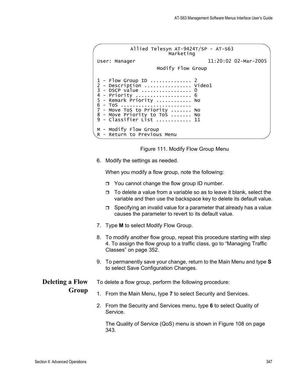 Deleting a flow group, Figure 111: modify flow group menu, In figure 111 | Allied Telesis AT-S63 User Manual | Page 347 / 944