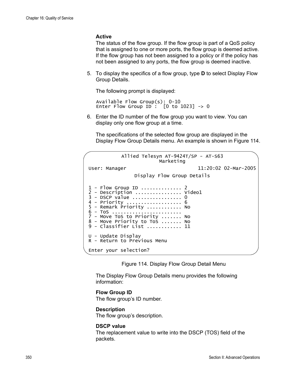 Figure 114: display flow group detail menu | Allied Telesis AT-S63 User Manual | Page 350 / 944