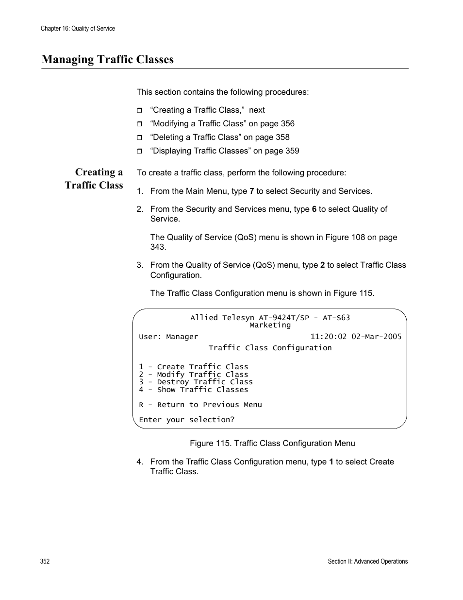 Managing traffic classes, Creating a traffic class, Figure 115: traffic class configuration menu | Allied Telesis AT-S63 User Manual | Page 352 / 944
