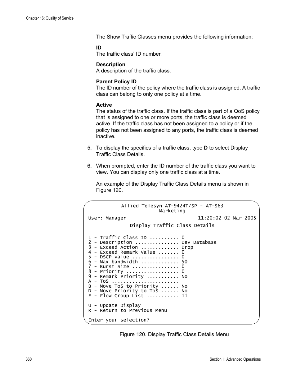 Figure 120: display traffic class details menu | Allied Telesis AT-S63 User Manual | Page 360 / 944