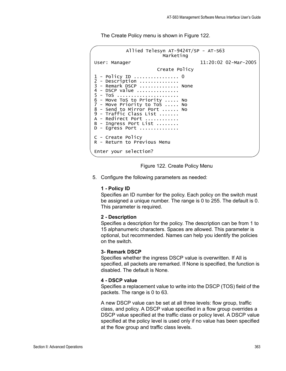 Figure 122: create policy menu | Allied Telesis AT-S63 User Manual | Page 363 / 944