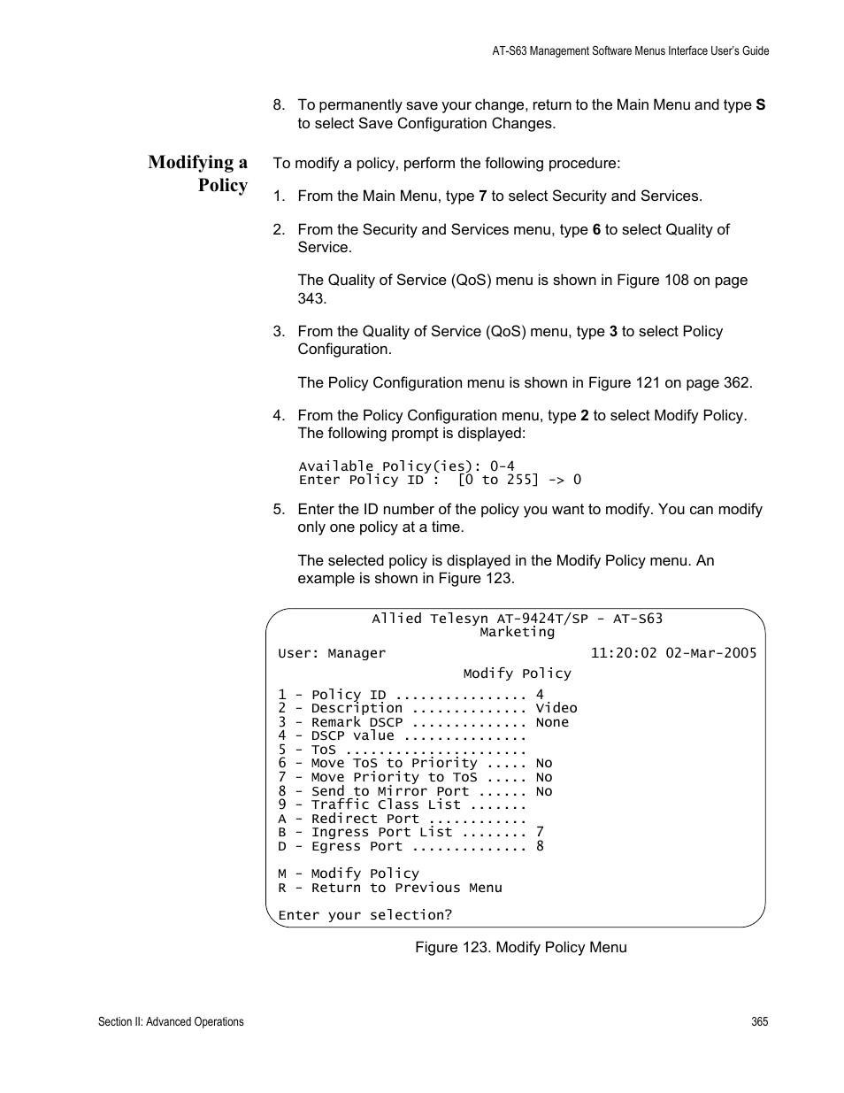 Modifying a policy, Figure 123: modify policy menu | Allied Telesis AT-S63 User Manual | Page 365 / 944
