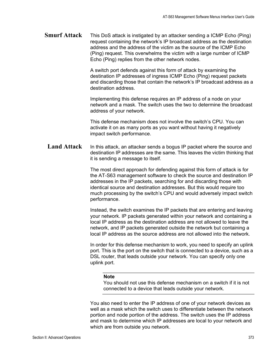 Smurf attack, Land attack, Smurf attack land attack | Allied Telesis AT-S63 User Manual | Page 373 / 944