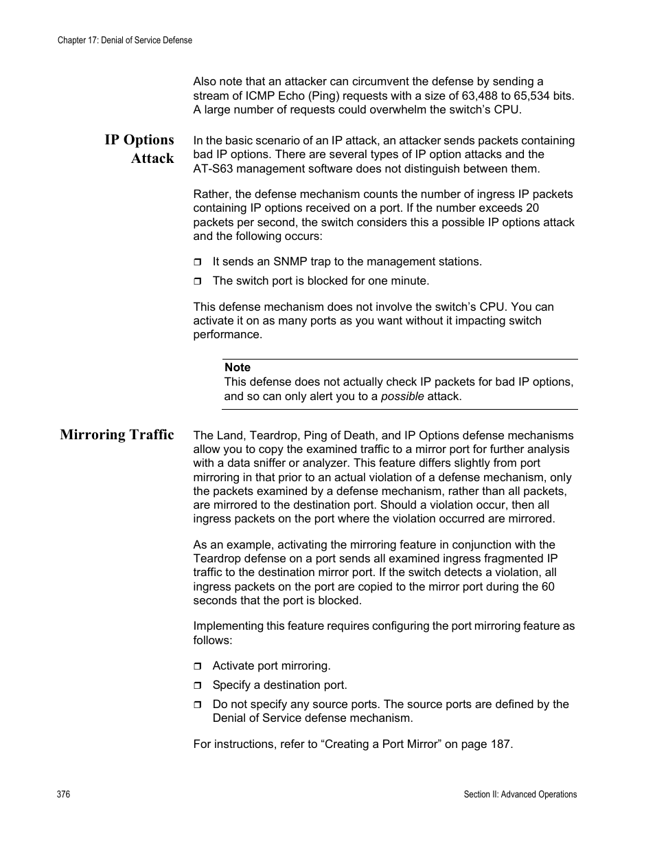 Ip options attack, Mirroring traffic, Ip options attack mirroring traffic | Allied Telesis AT-S63 User Manual | Page 376 / 944