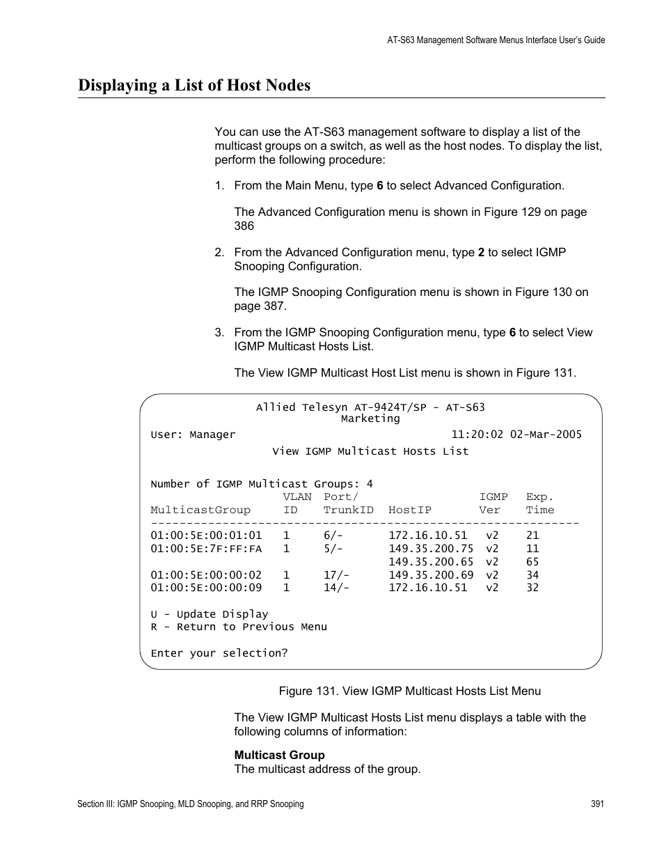Displaying a list of host nodes, Figure 131: view igmp multicast hosts list menu | Allied Telesis AT-S63 User Manual | Page 391 / 944
