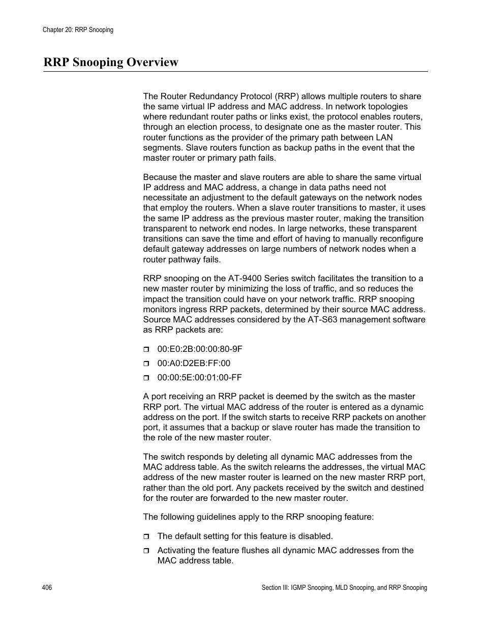 Rrp snooping overview | Allied Telesis AT-S63 User Manual | Page 406 / 944