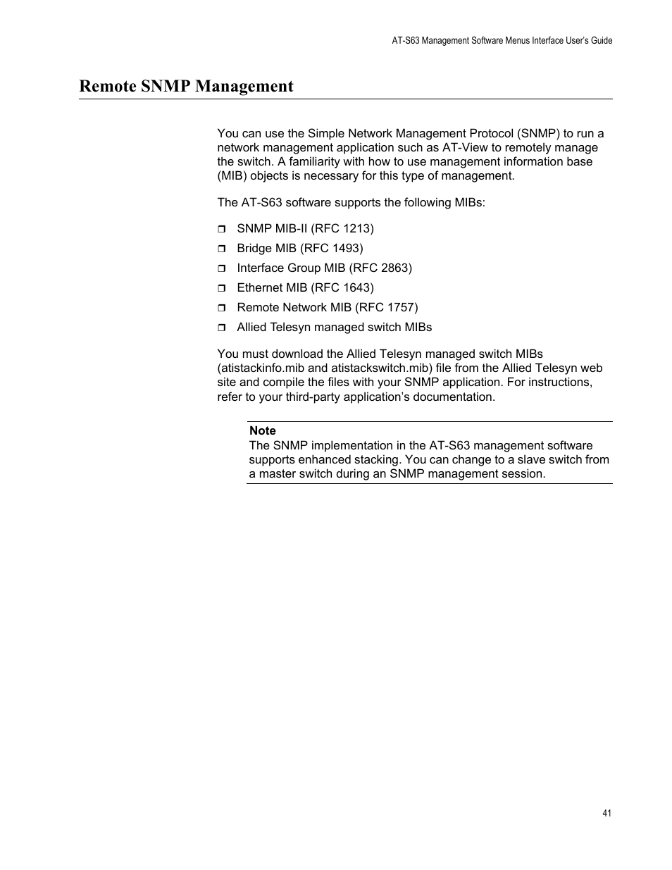 Remote snmp management | Allied Telesis AT-S63 User Manual | Page 41 / 944