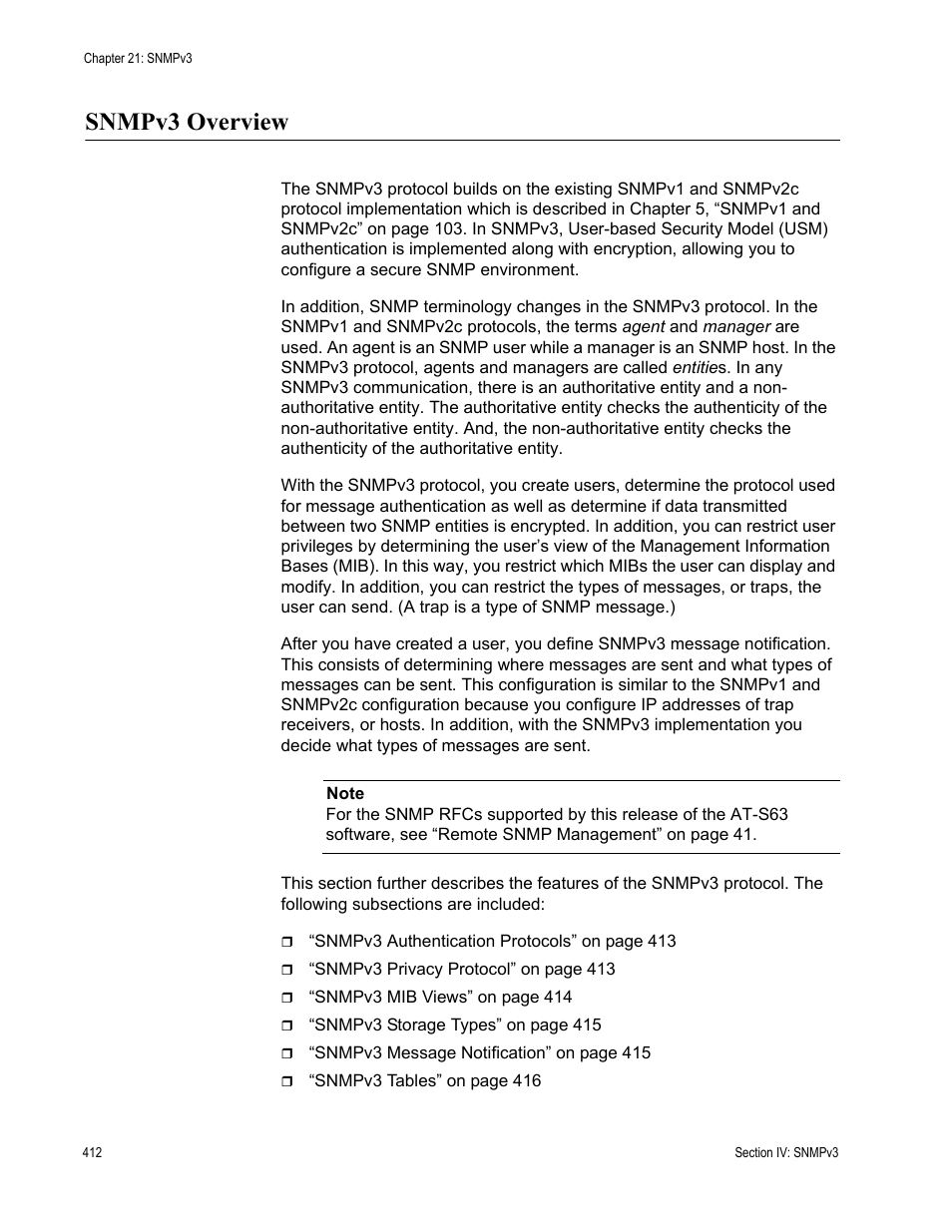 Snmpv3 overview | Allied Telesis AT-S63 User Manual | Page 412 / 944