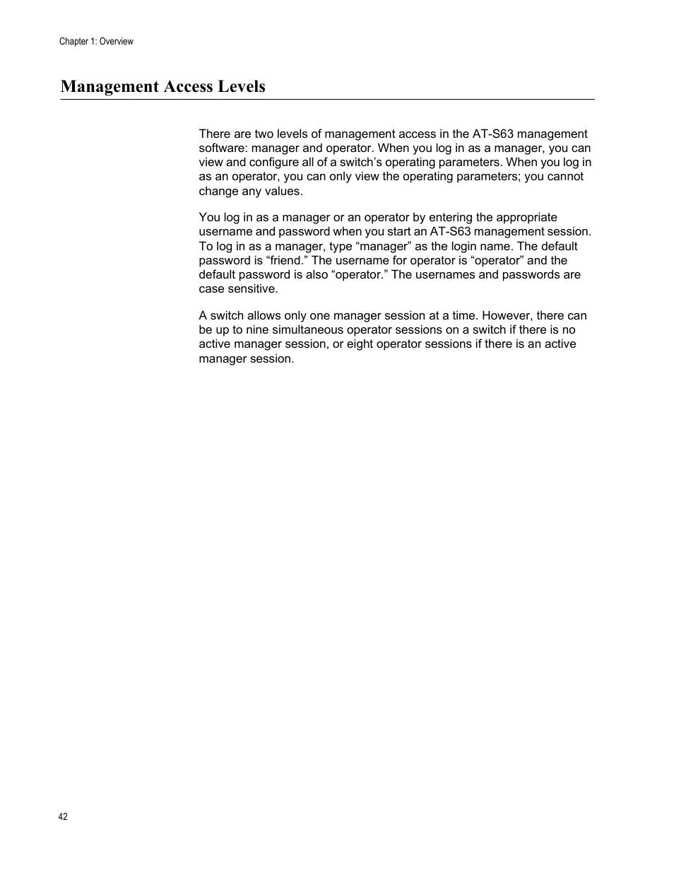 Management access levels | Allied Telesis AT-S63 User Manual | Page 42 / 944