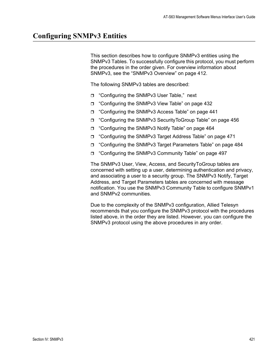 Configuring snmpv3 entities | Allied Telesis AT-S63 User Manual | Page 421 / 944