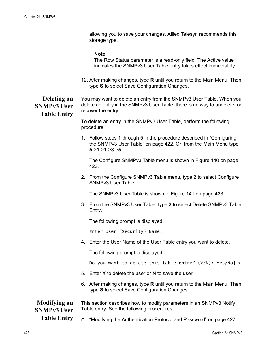 Deleting an snmpv3 user table entry, Modifying an snmpv3 user table entry | Allied Telesis AT-S63 User Manual | Page 426 / 944