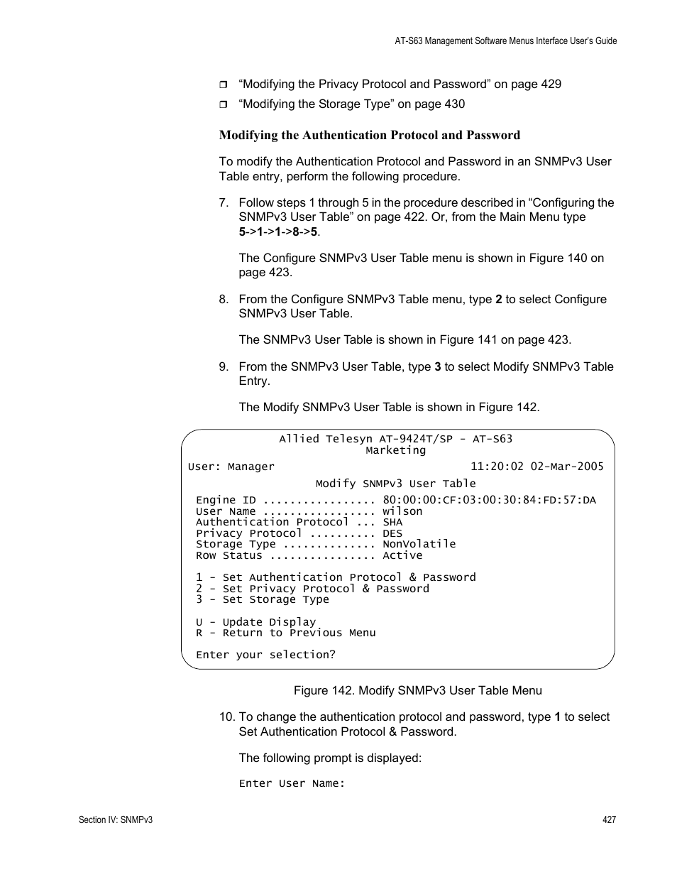 Figure 142: modify snmpv3 user table menu | Allied Telesis AT-S63 User Manual | Page 427 / 944