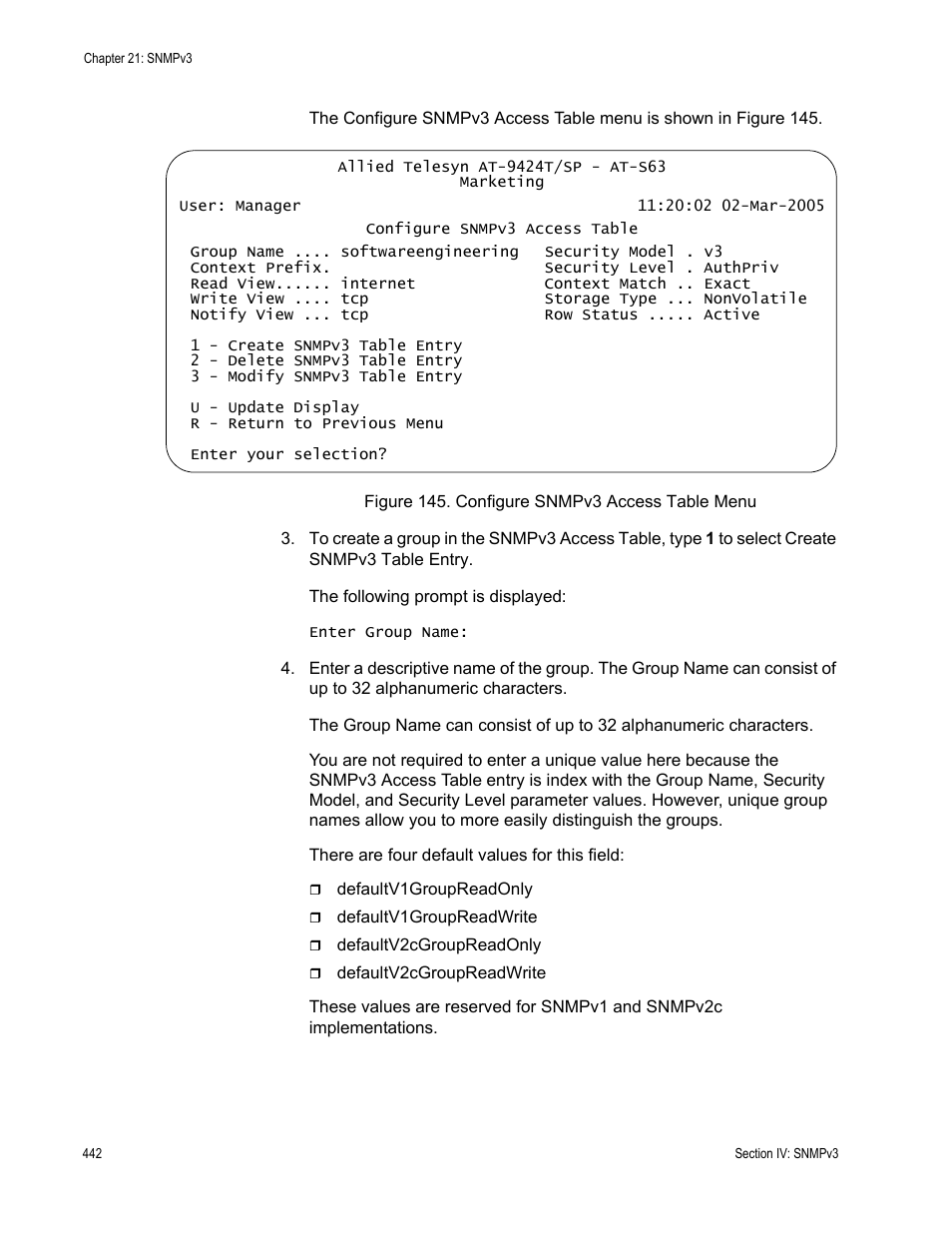 Figure 145: configure snmpv3 access table menu | Allied Telesis AT-S63 User Manual | Page 442 / 944