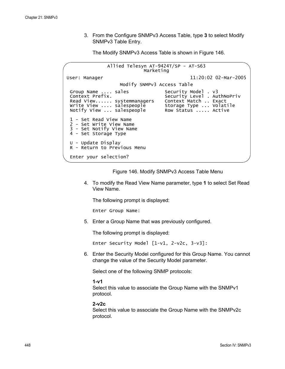 Figure 146: modify snmpv3 access table menu | Allied Telesis AT-S63 User Manual | Page 448 / 944