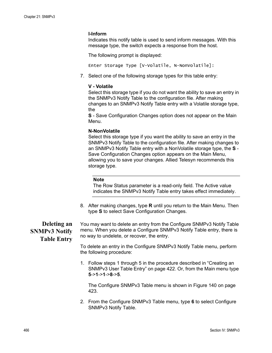 Deleting an snmpv3 notify table entry | Allied Telesis AT-S63 User Manual | Page 466 / 944