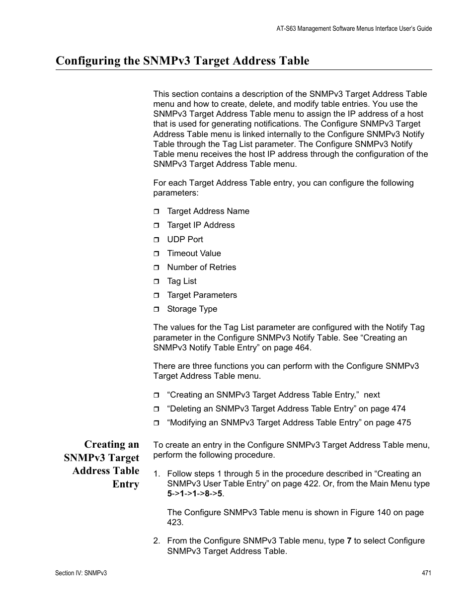 Configuring the snmpv3 target address table, Creating an snmpv3 target address table entry | Allied Telesis AT-S63 User Manual | Page 471 / 944