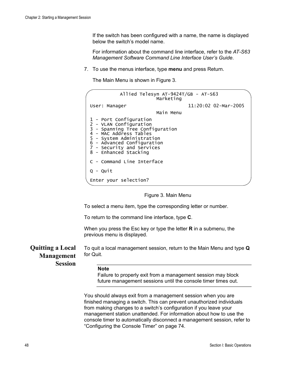 Quitting a local management session, Figure 3: main menu | Allied Telesis AT-S63 User Manual | Page 48 / 944