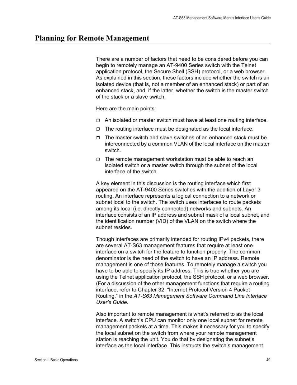 Planning for remote management | Allied Telesis AT-S63 User Manual | Page 49 / 944