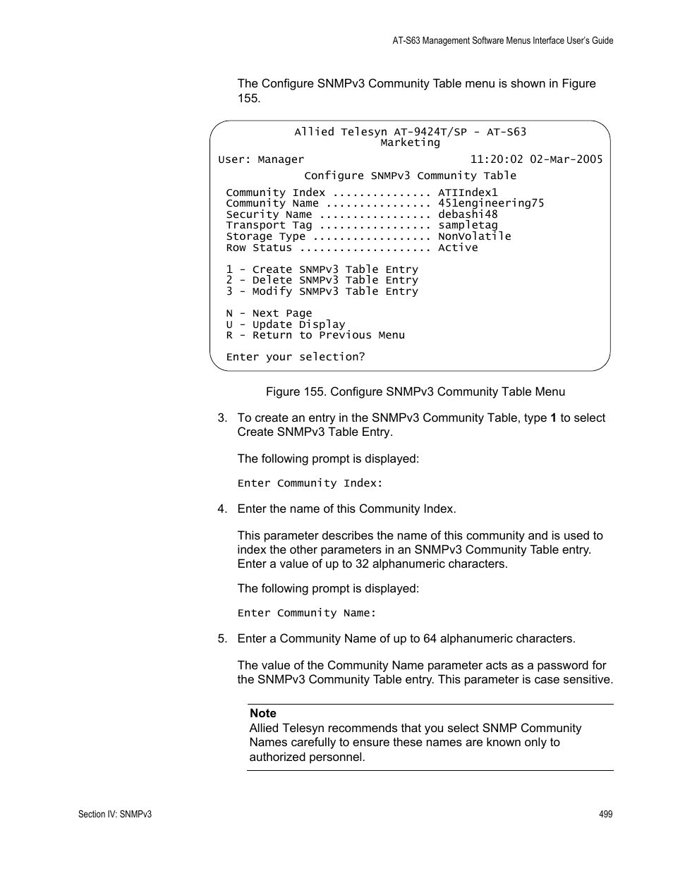 Figure 155: configure snmpv3 community table menu | Allied Telesis AT-S63 User Manual | Page 499 / 944