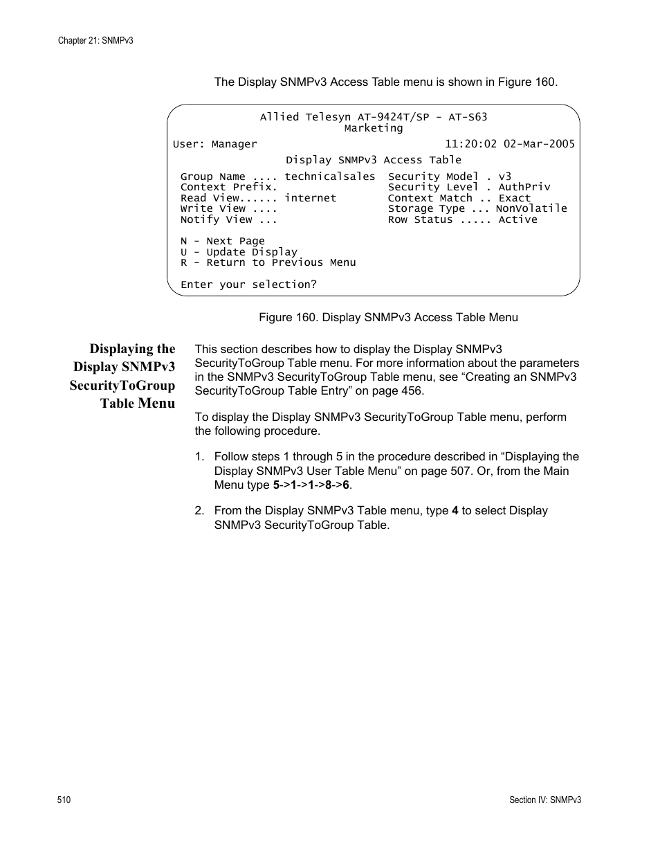 Figure 160: display snmpv3 access table menu, Menu | Allied Telesis AT-S63 User Manual | Page 510 / 944