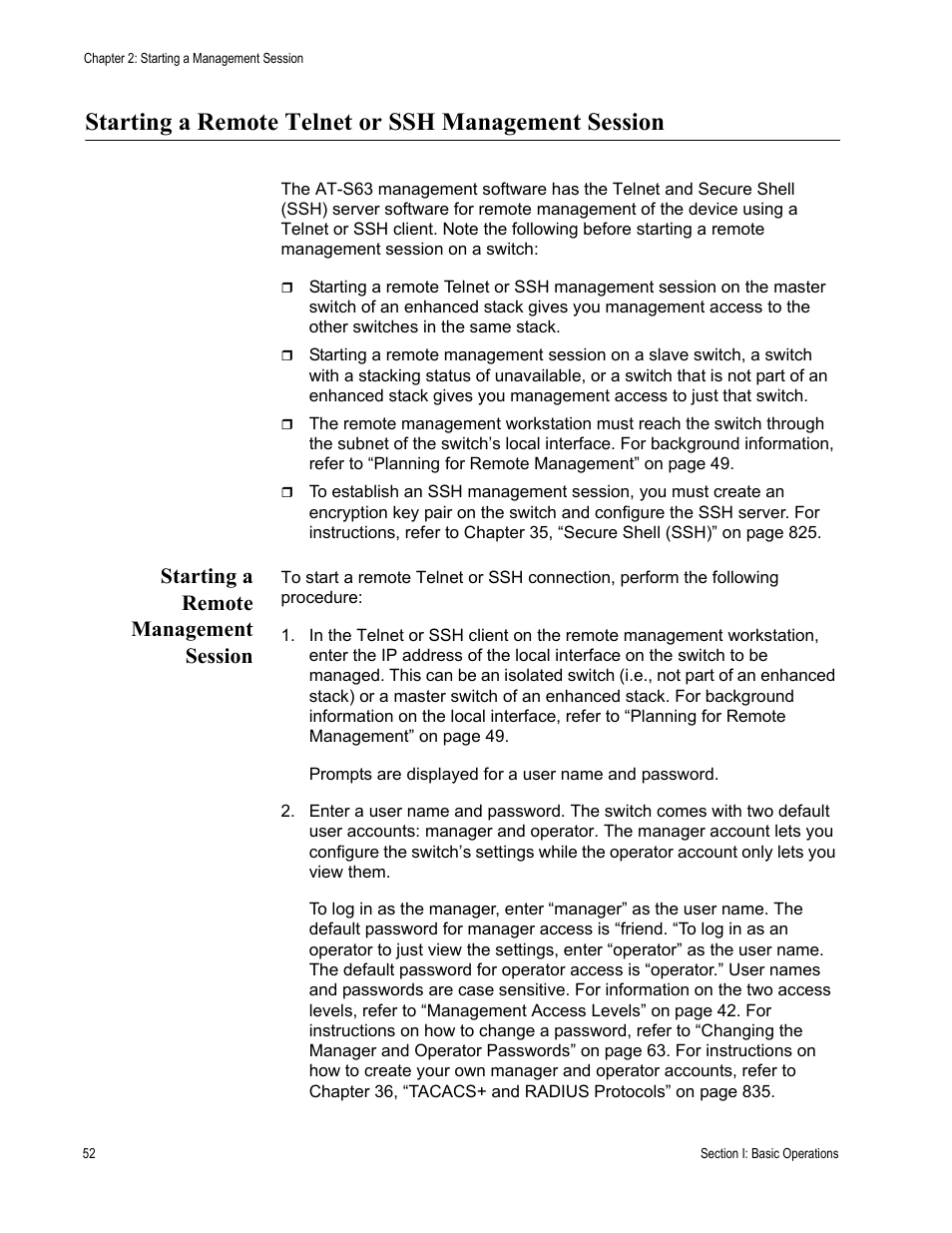 Starting a remote telnet or ssh management session, Starting a remote management session | Allied Telesis AT-S63 User Manual | Page 52 / 944