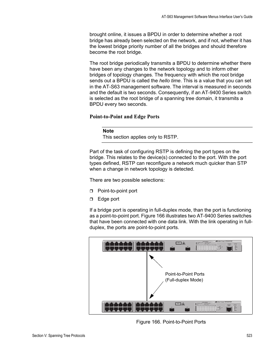 Figure 166: point-to-point ports, Point-to-point and edge ports, Point-to-point port | Point-to-point ports (full-duplex mode), Class 1 laser product, L/a d/c d/c l/a d/c l/a | Allied Telesis AT-S63 User Manual | Page 523 / 944