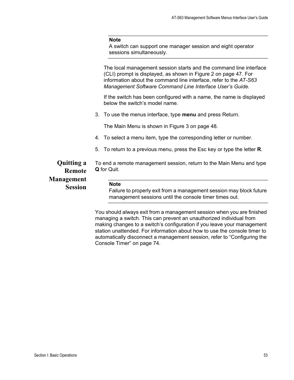 Quitting a remote management session | Allied Telesis AT-S63 User Manual | Page 53 / 944