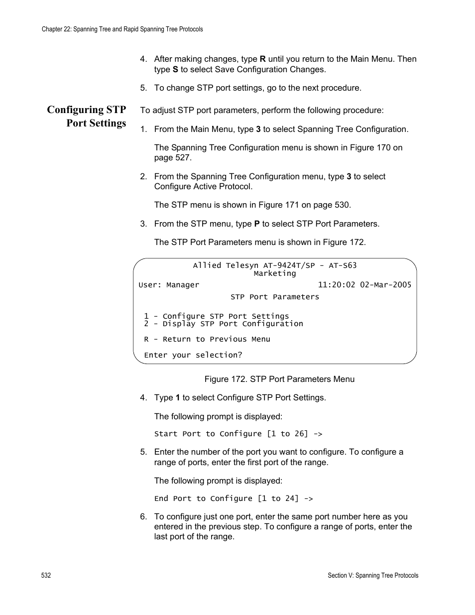 Configuring stp port settings, Figure 172: stp port parameters menu | Allied Telesis AT-S63 User Manual | Page 532 / 944