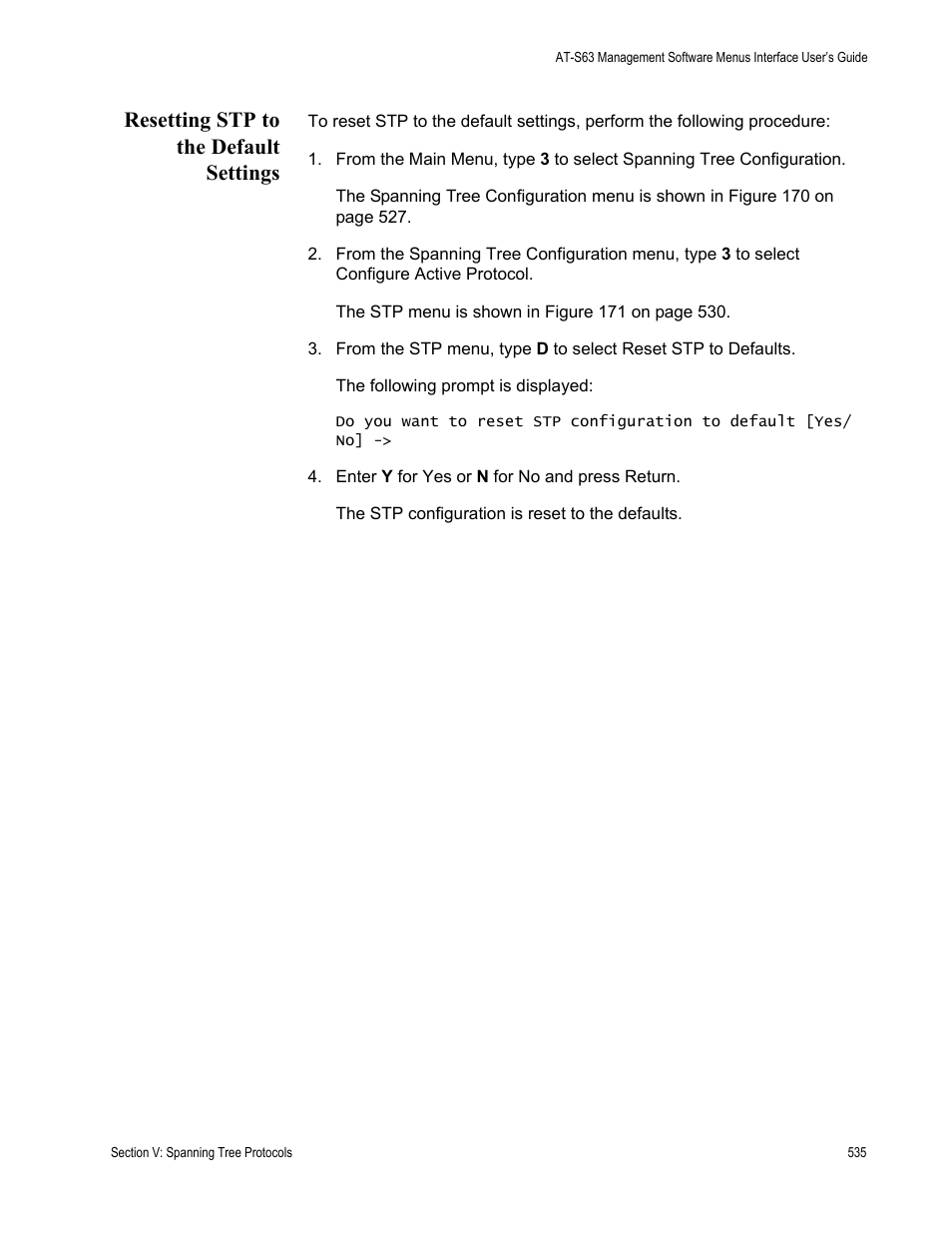 Resetting stp to the default settings | Allied Telesis AT-S63 User Manual | Page 535 / 944